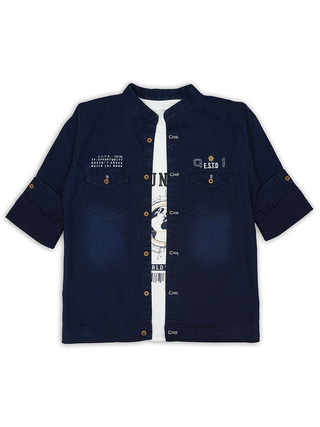 CAVIO Boys Collar Roll-Up Sleeves Regular Fit Denim Casual Shirt & T-Shirt