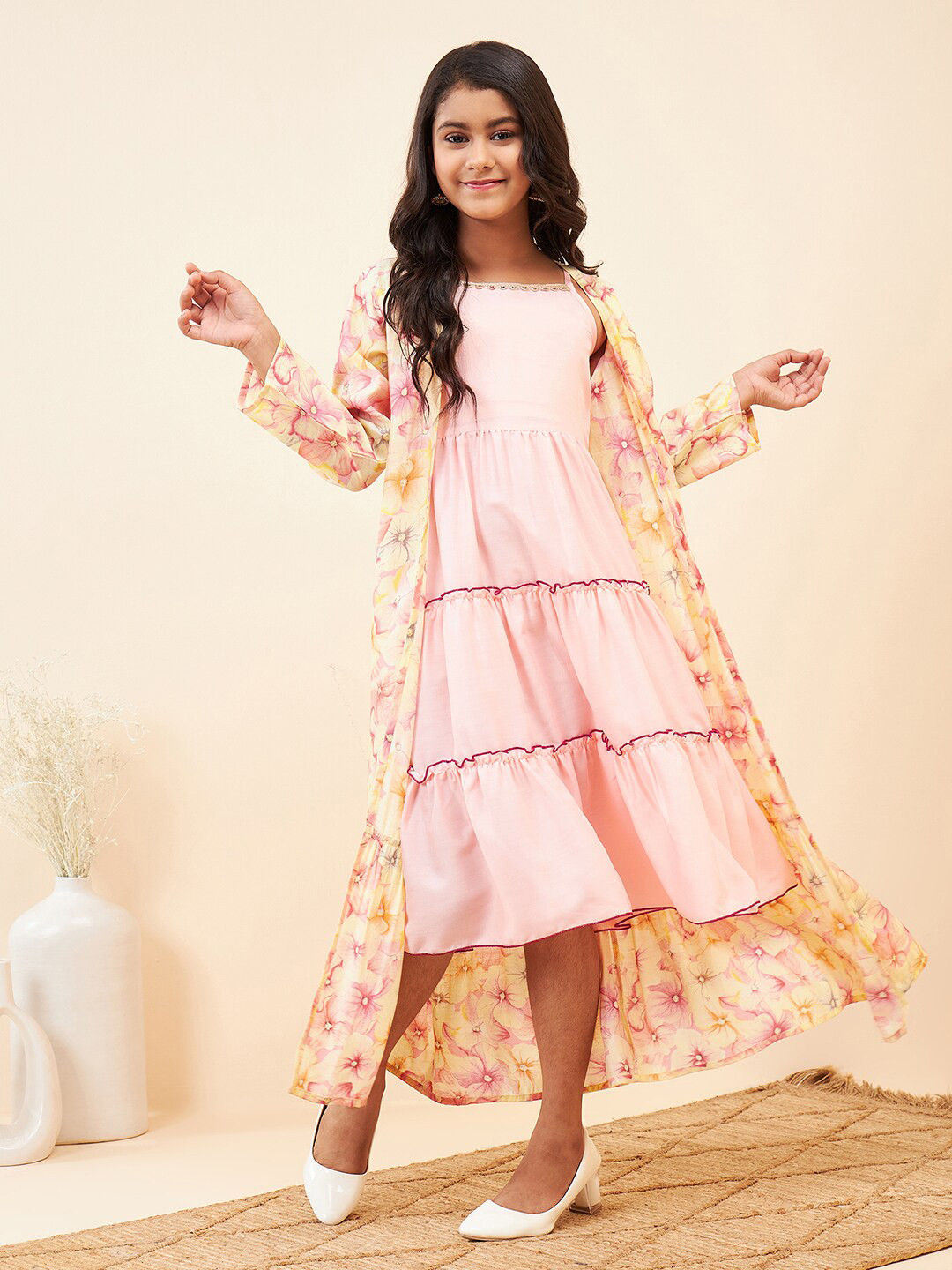 Stylo Bug Girls Square Neck A-Line Dress With Jacket