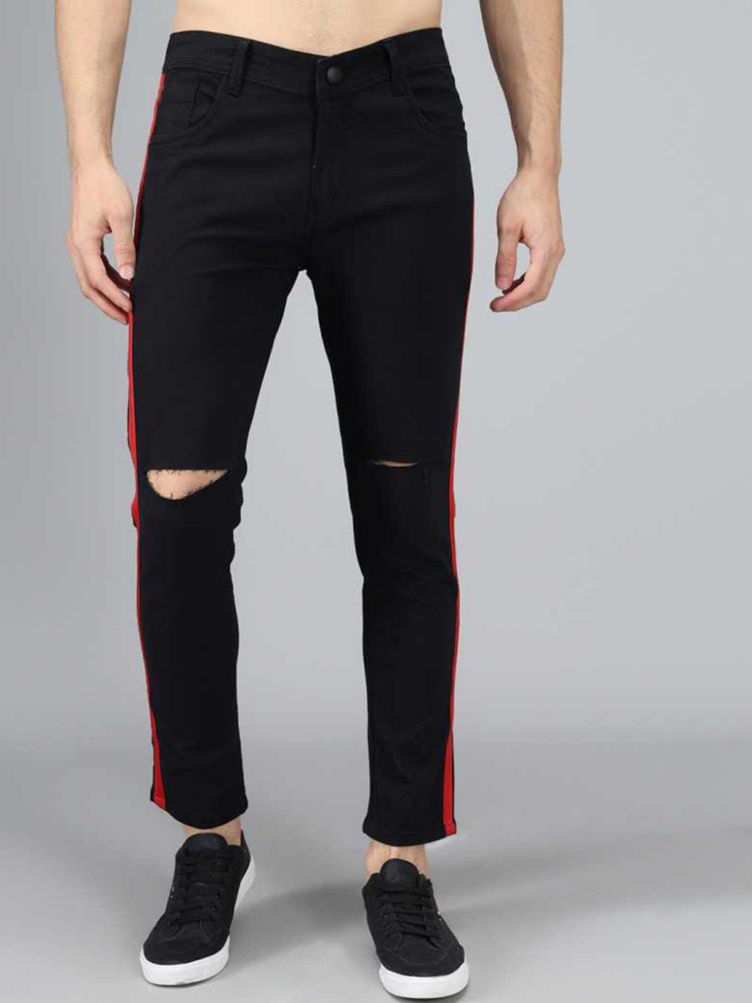 Xee Men Jean Fit Slash Knee Side Stripes Mid-Rise Tear Resistant Fabric Cotton Jeans