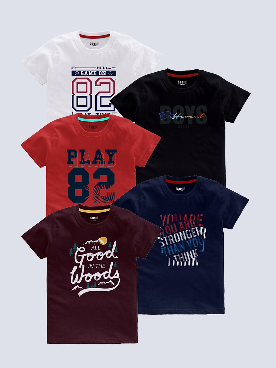 BAESD Boys Pack of 5 Typography Printed T-shirts