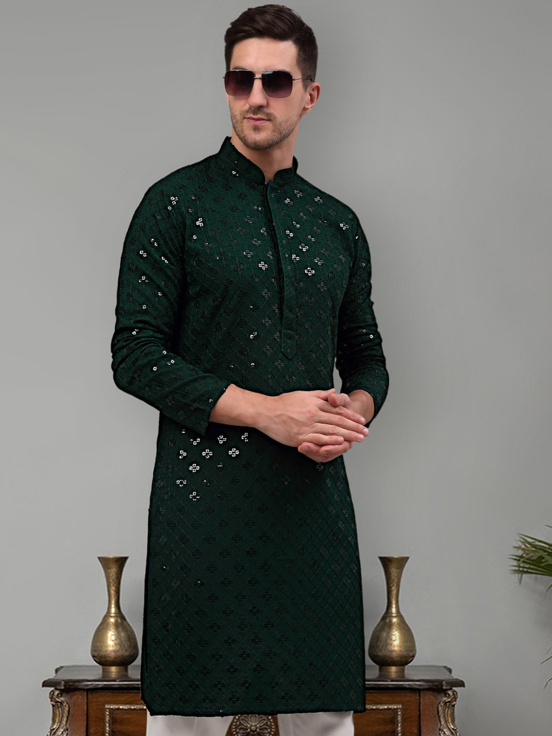 Jompers Geometric Embellished Sequinned Straight Kurta