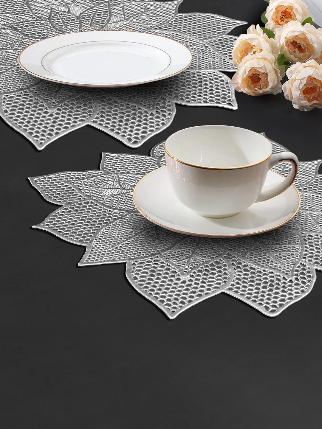 Dakshya Industries Silver Toned 2 Pieces Flower-Shaped Table Placemats