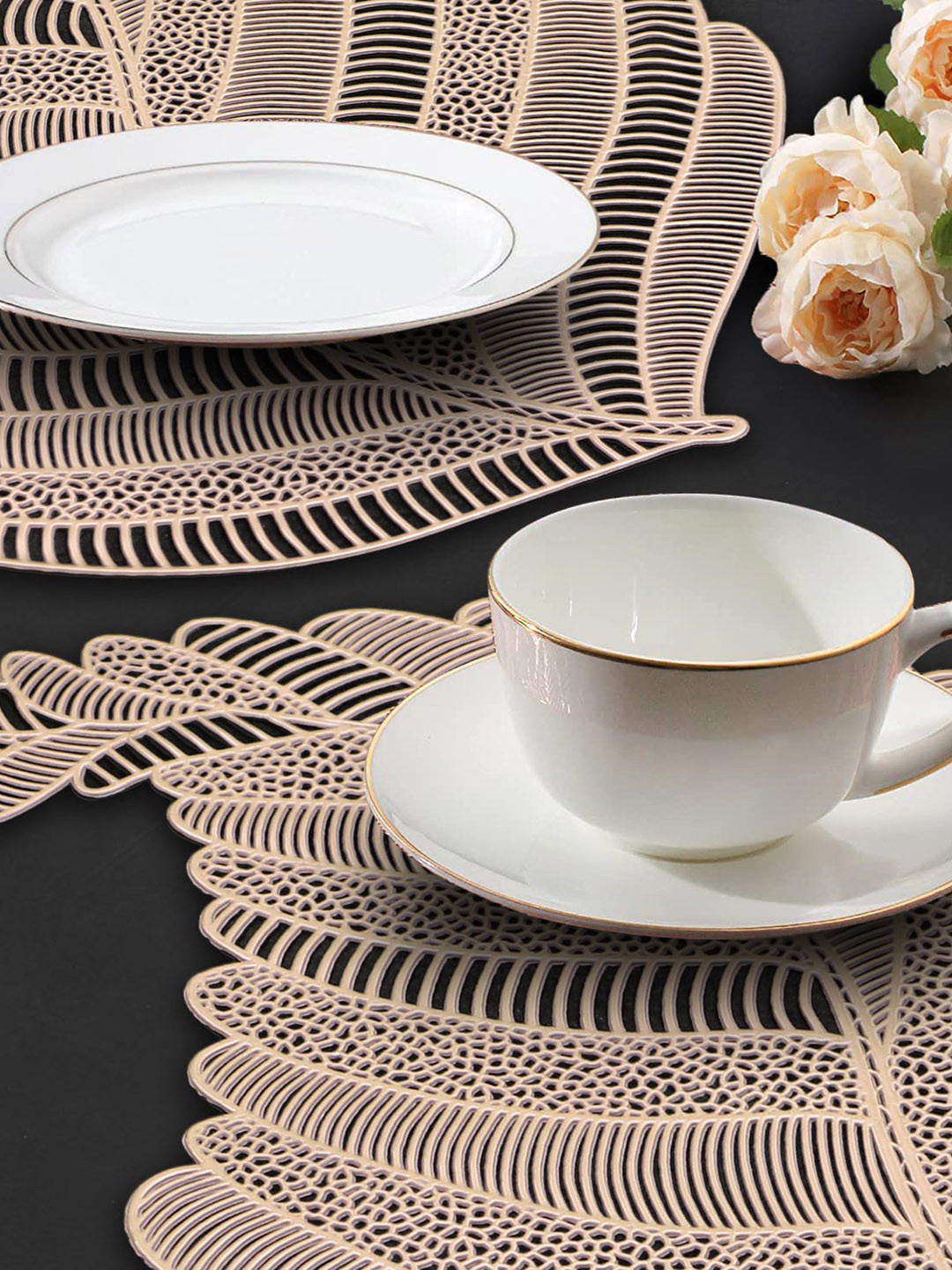 Dakshya Industries Gold 2 Pieces Leaf-Shaped Table Placemats