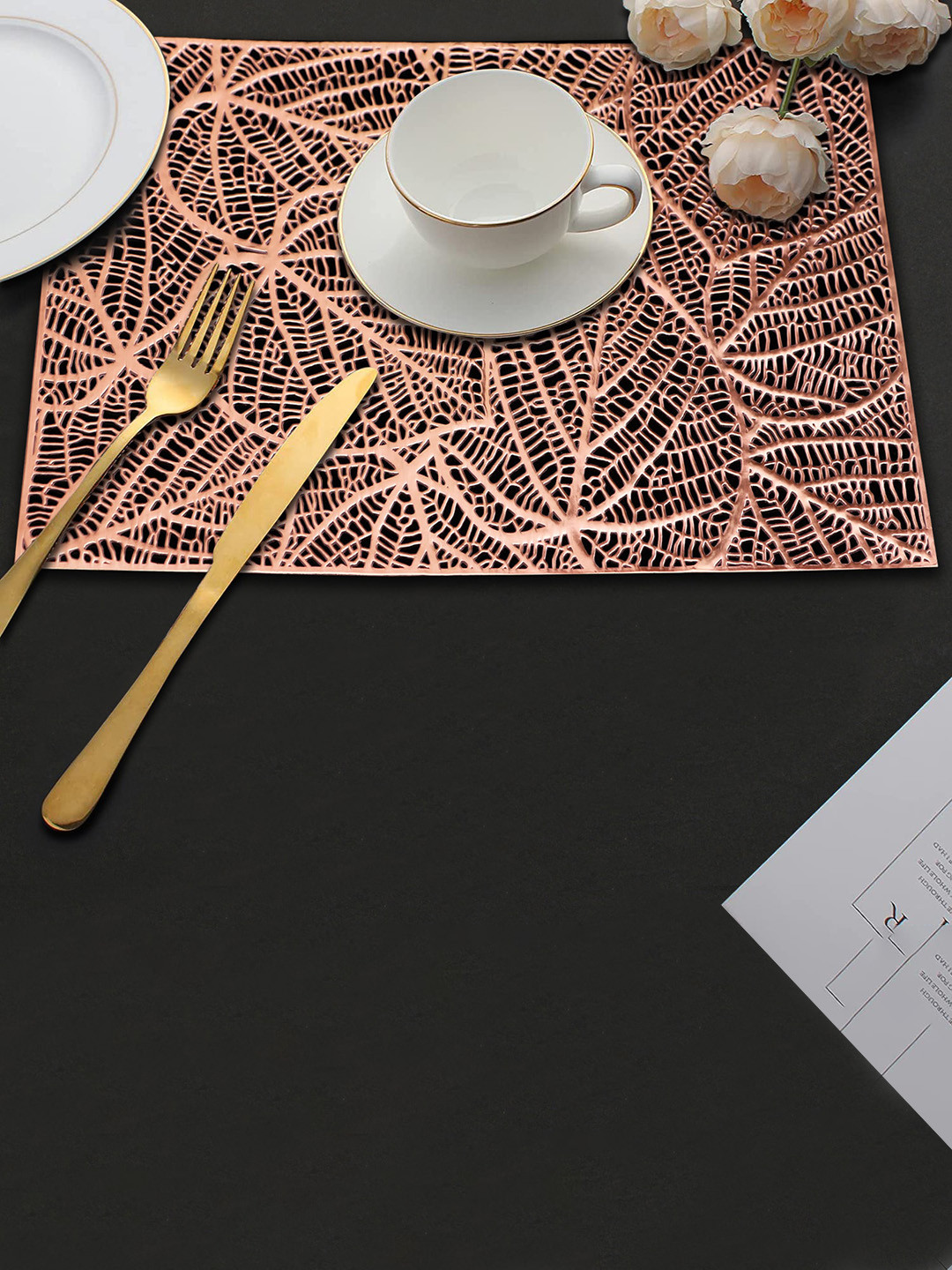 Dakshya Industries Copper Toned 2 Pieces Floral Rectangular Table Placemats