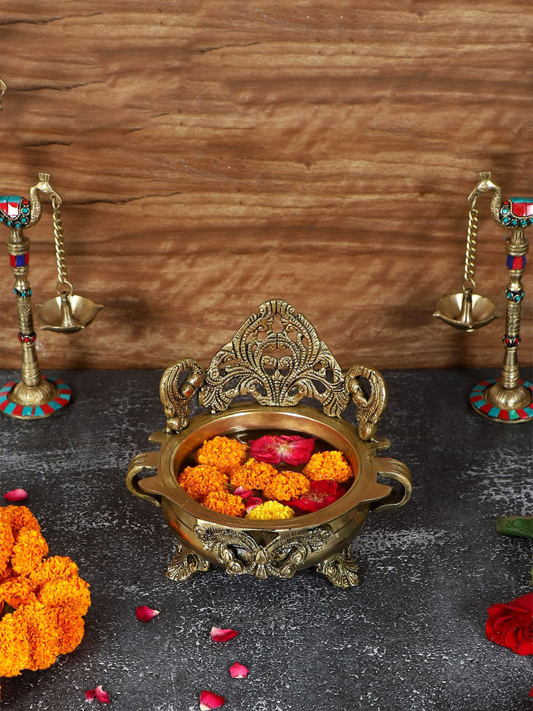 Two Moustaches Textured Brass Urli Bowl