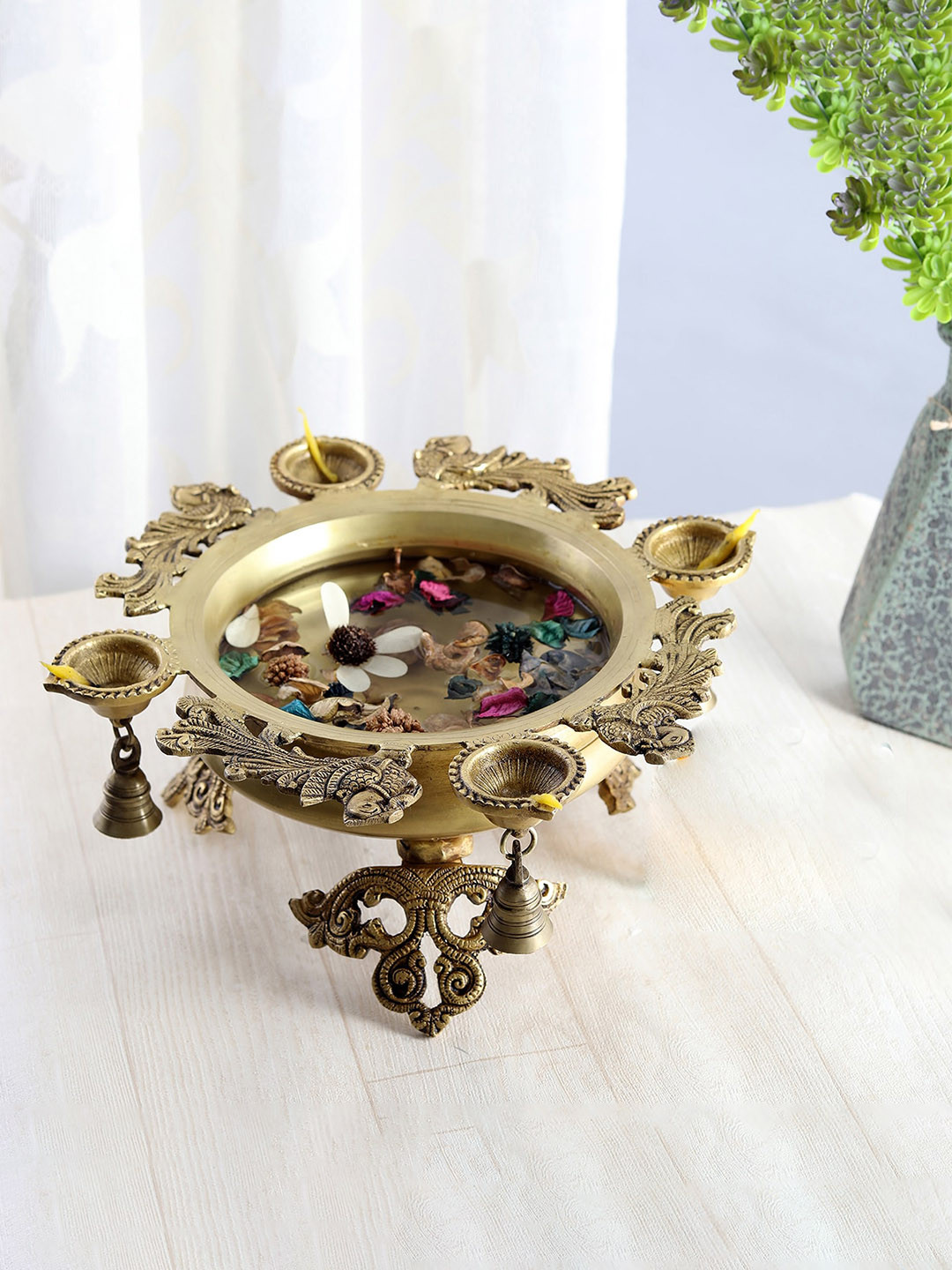 Two Moustaches Gold-Toned Peacock Design Urli Bowl