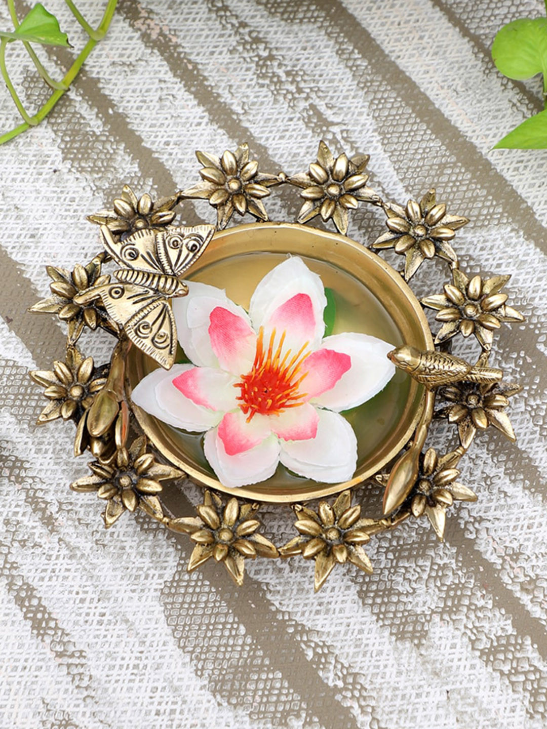 Two Moustaches Bird & Butterfly Brass Urli Bowl