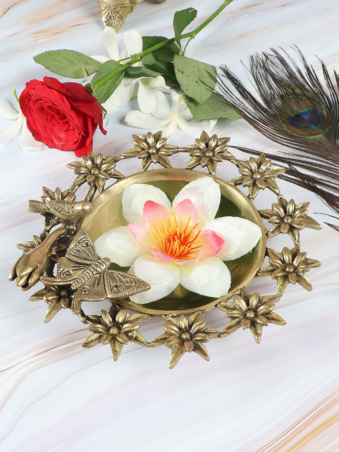 Two Moustaches Golden Traditional Bird & Butterfly With 12 Flowers Urli Bowl