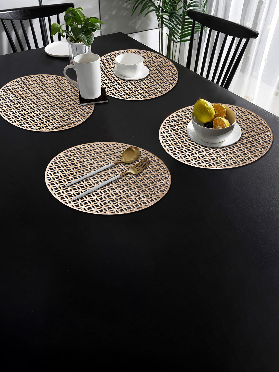 Dakshya Industries 4-Pcs Golden Self Design Round Table Placemats