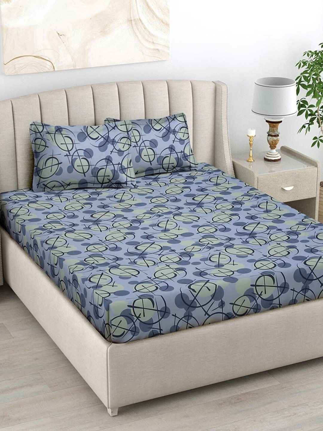 FABINALIV Premium Blue Abstract Polycotton 300 TC King Fine Bedsheet with 2 Pillow Covers