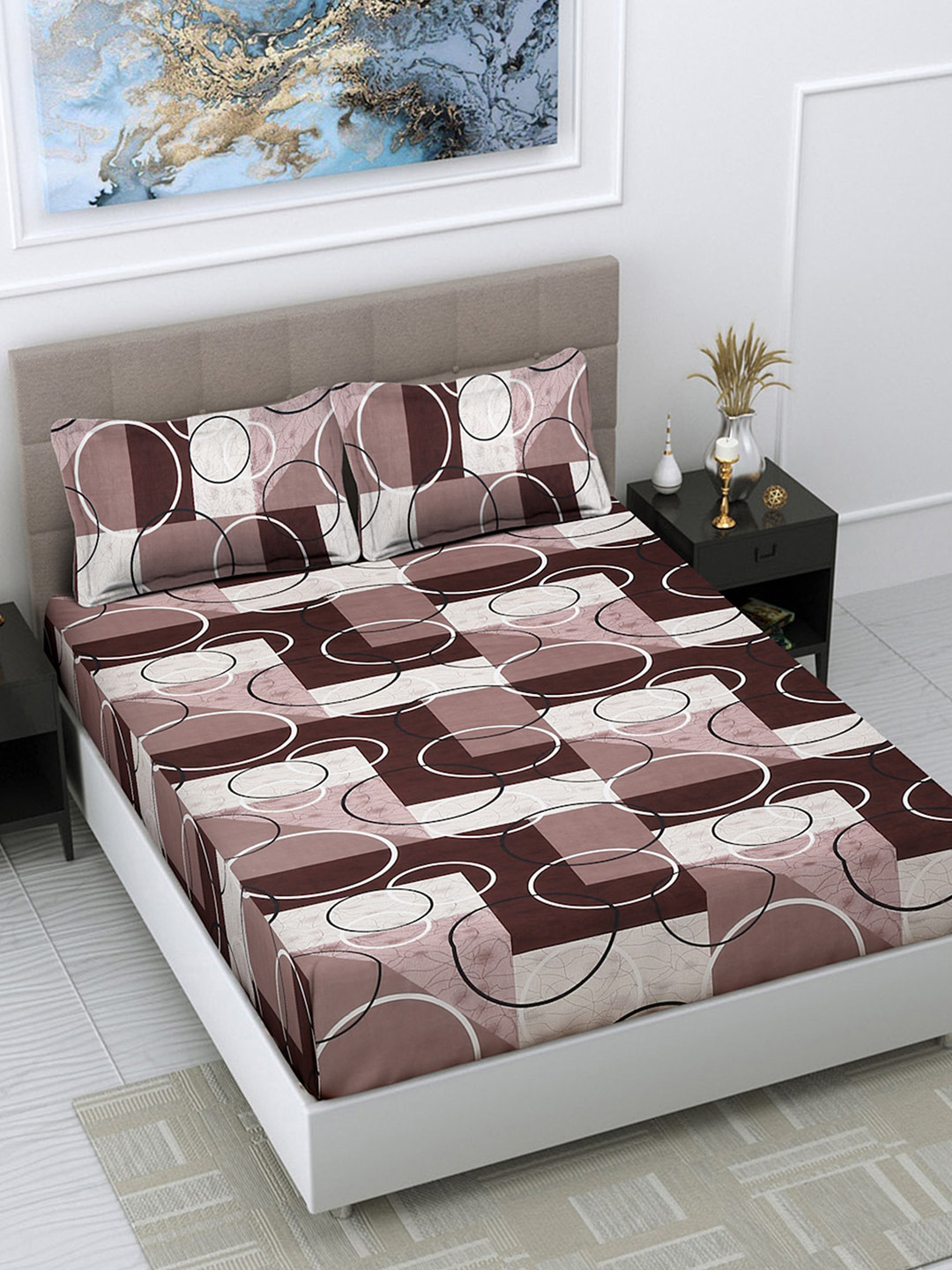 FABINALIV Brown Geometric Cotton 300 TC King Fine Bedsheet with 2 Pillow Covers-98 x 89 inches