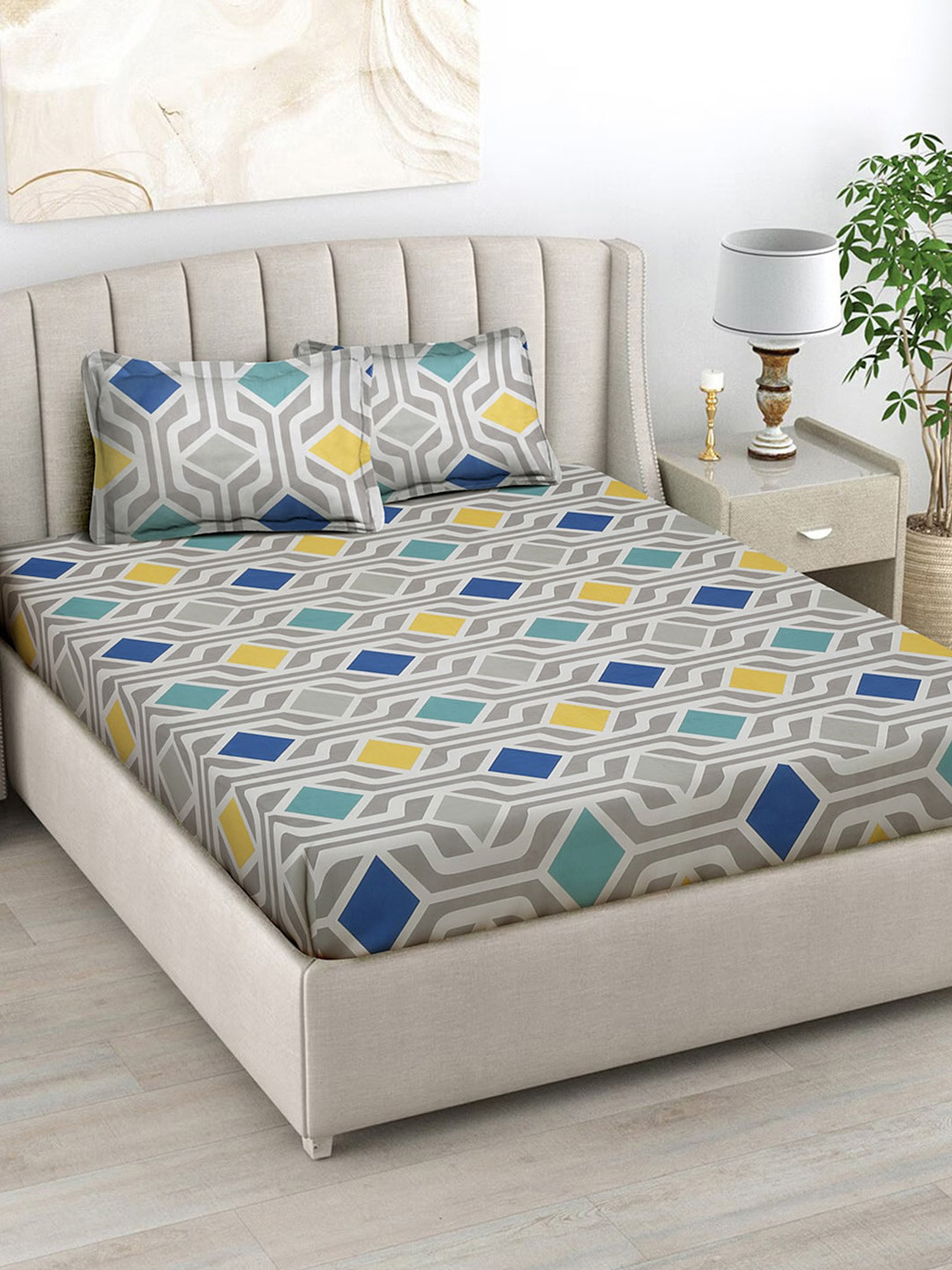 FABINALIV Grey Geometric Cotton 300 TC King Fine Bedsheet with 2 Pillow Covers-250 x 225 cm