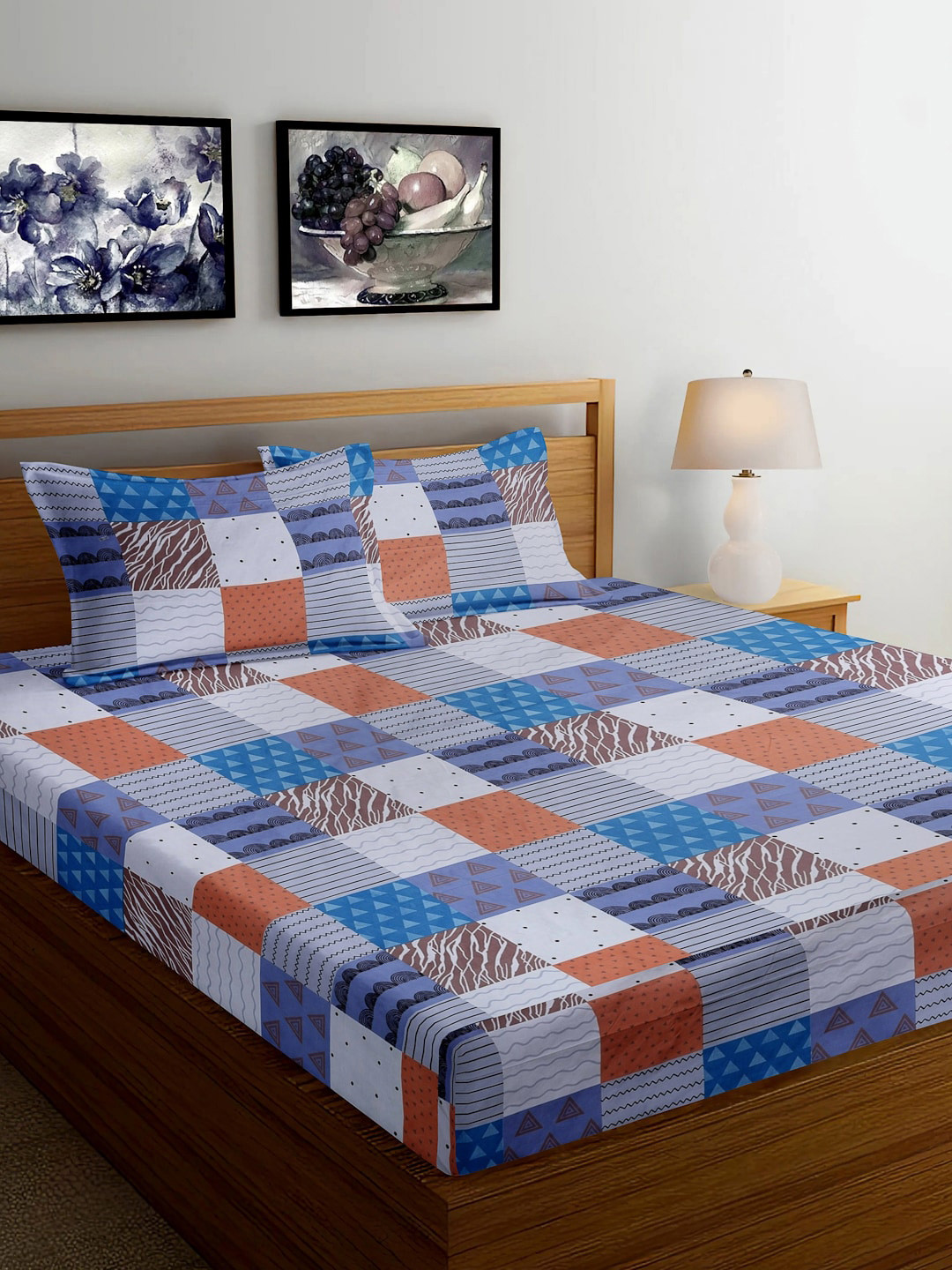 FABINALIV Royal Majestic Blue Geometric Cotton 300 TC King Fine Bedsheet with 2 Pillow Covers-250 x 225 cm