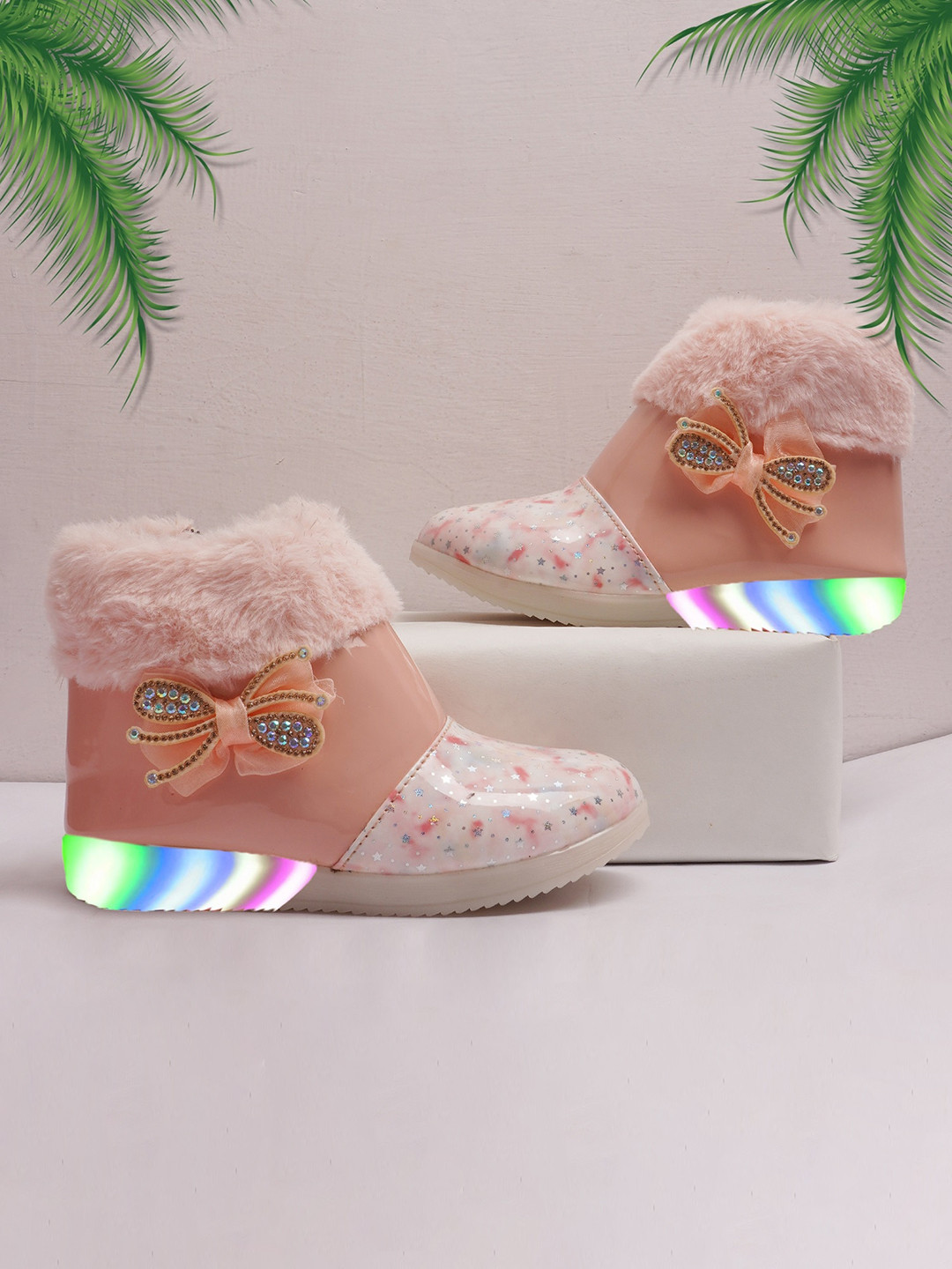 BAESD Girls Printed Embellished Faux Fur LED Winter Boots