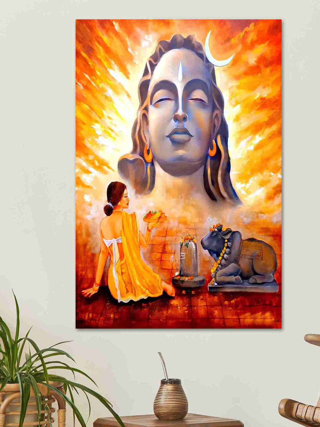 SAF Orange & Blue Lord Shiva Sparkle Coated Unframed Wall Art