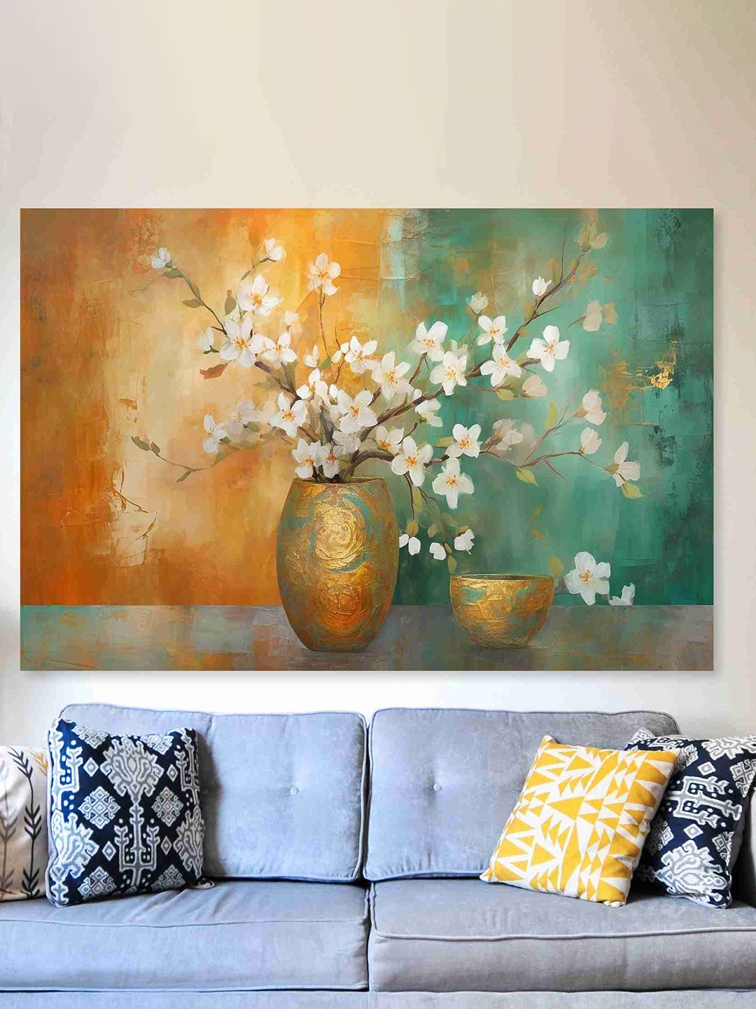 SAF Mustard Yellow & Teal Blue Floral Sparkle Coated Unframed Wall Art