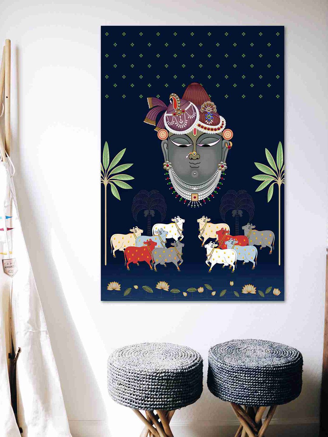 SAF Blue & Grey Shree Nath Ji Sparkle Coated Unframed Wall Art