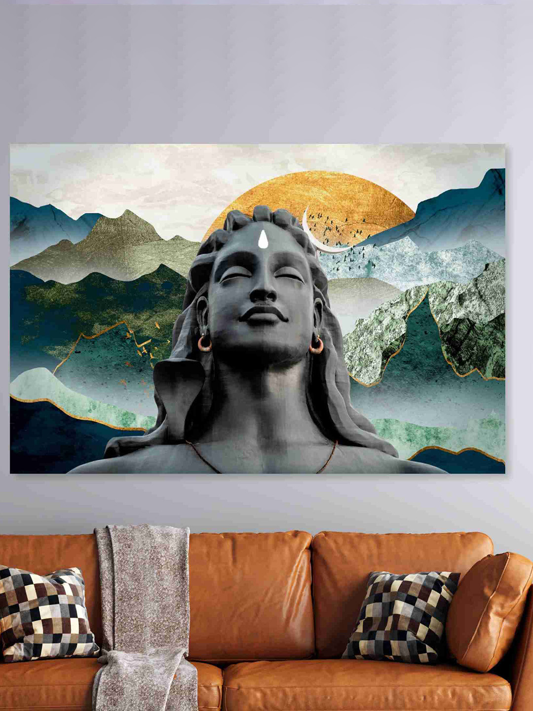 SAF Black & Blue Shiv Adiyogi Sparkle Coated Unframed Painting Wall Art