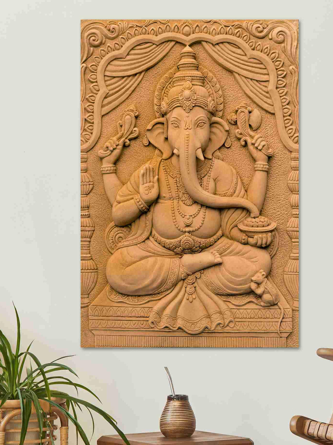 SAF Beige Lord Ganesha Sparkle Coated Unframed Painting Wall Art