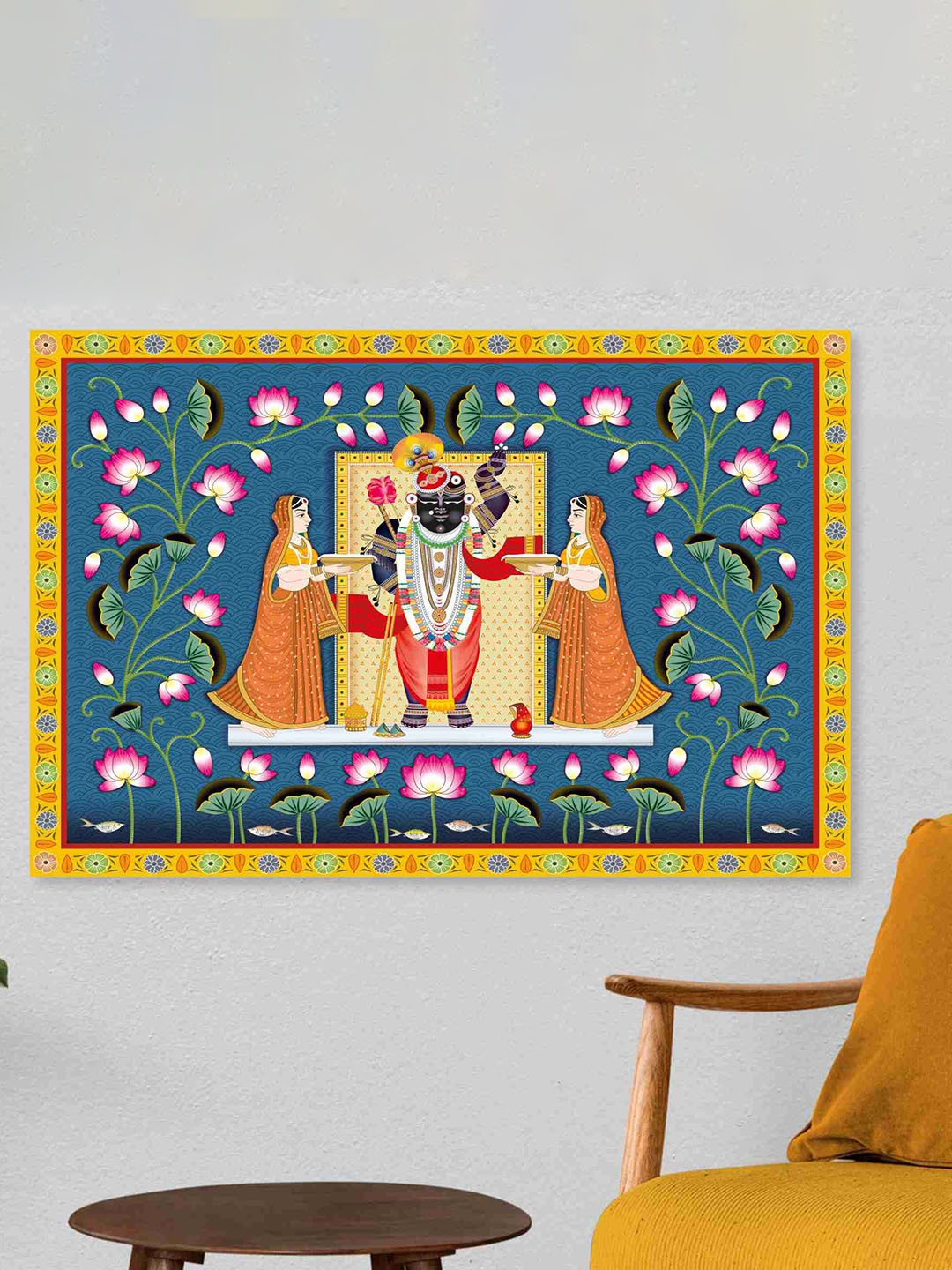 SAF Green & Yellow Shreenath Ji Sparkle Coated Unframed Painting Wall Art