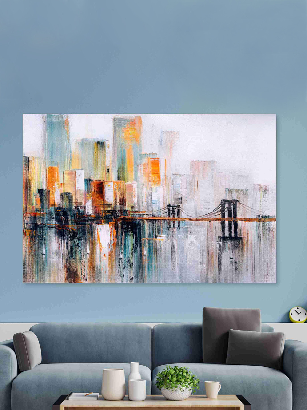 SAF Blue & Orange Abstract Art Sparkle Coated Unframed Painting Wall Art