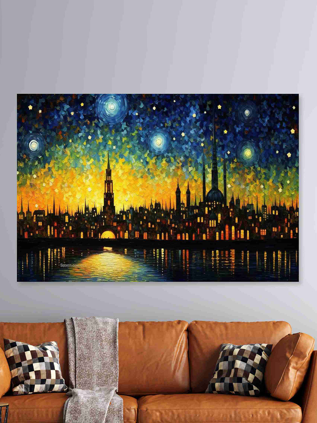 SAF Yellow & Navy Blue Vintage City Sparkle Coated Unframed Painting Wall Art