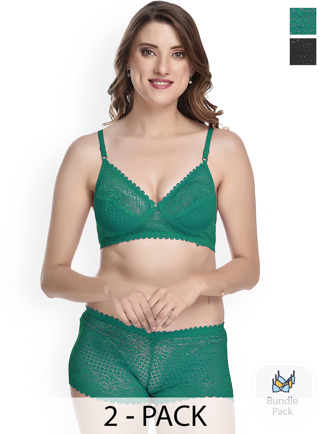 PIBU Pack Of 2 Lace Lingerie Set F_T-Rain Set_Green,Black_30