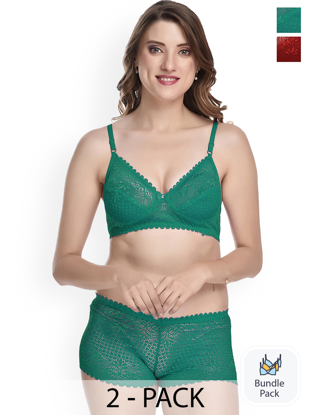 PIBU Pack Of 2 Laced Lingerie Set Lingerie Set F_T-Rain Set_Green,Maroon_30