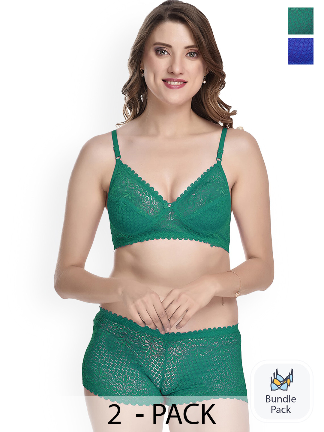 PIBU Pack of 2 Lingerie Set F_T-Rain Set_Green,Blue_30