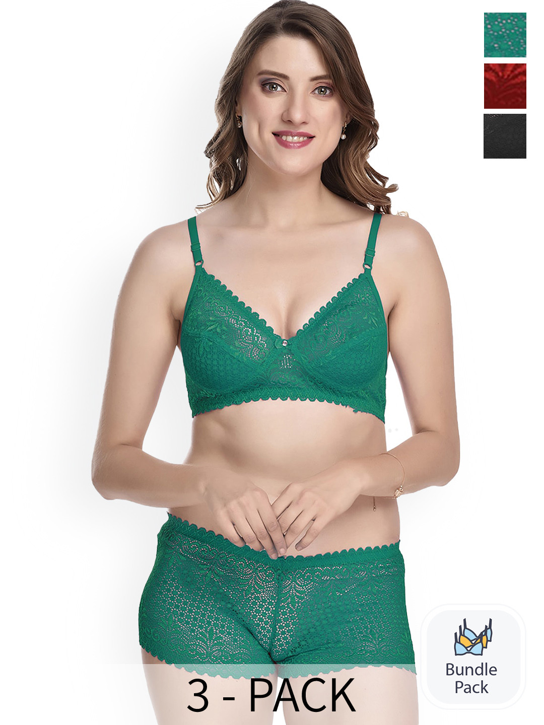 PIBU Pack Of 3 Laced Lingerie Set Lingerie Set F_T-Rain Set_Green,Black,Maroon_30