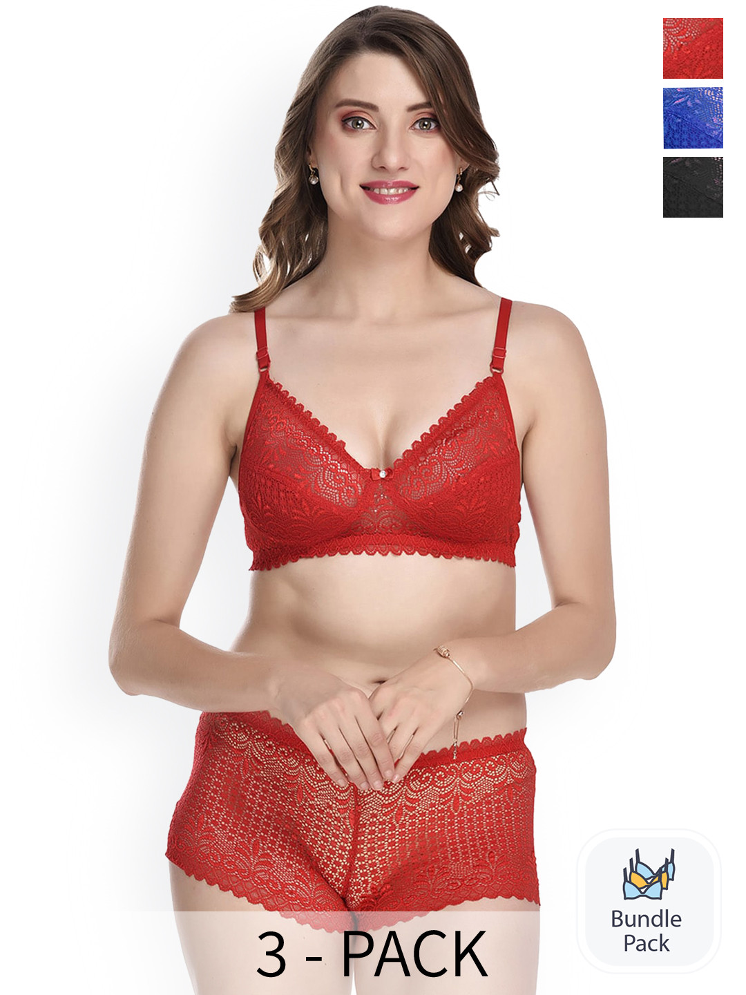 PIBU Pack Of 3 Laced Lingerie Set F_T-Rain Set_Red,Blue,Black_30