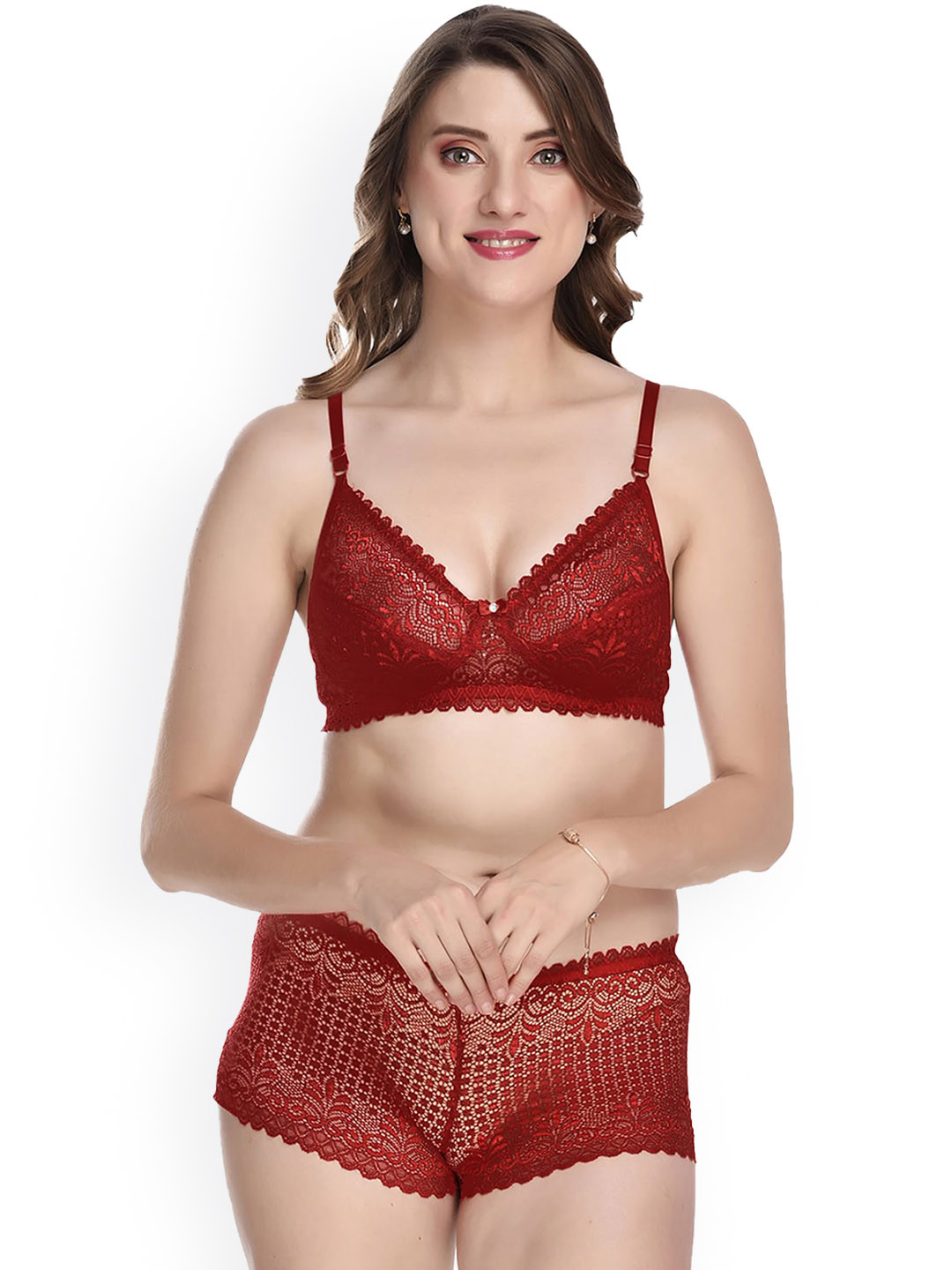 PIBU Laced Nylon Lingerie Set F_T-Rain Set_Maroon_30