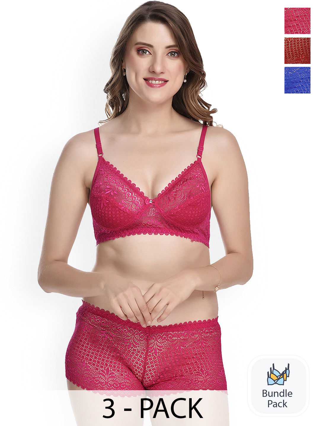 PIBU Pack Of 3 Laced Lingerie SetF_T-Rain Set_Pink,Blue,Maroon_30