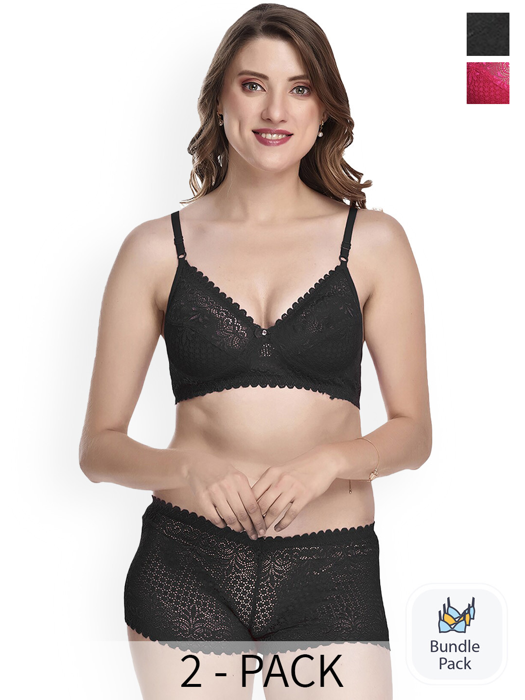 PIBU Pack Of 2 Laced Lingerie Set F_T-Rain Set_Pink,Black_30