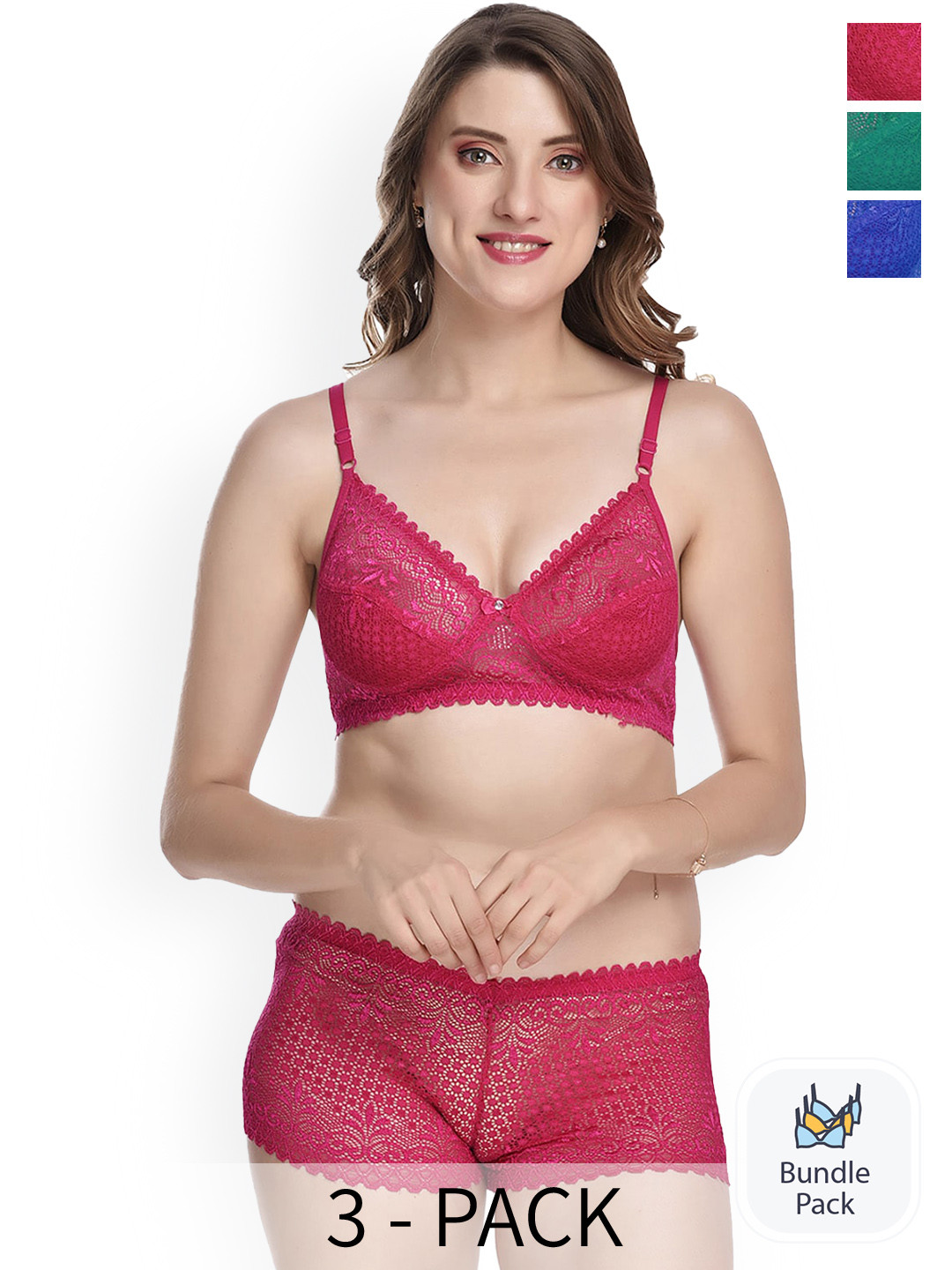 PIBU Pack Of 3 Laced Lingerie Set F_T-Rain Set_Pink,Blue,Green_30
