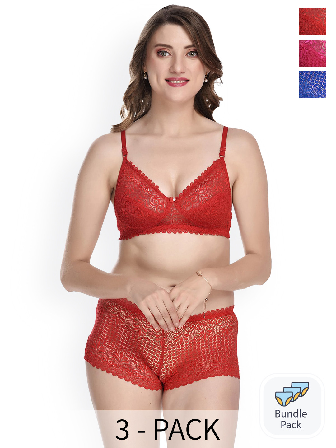 Aamarsh Pack Of 3 Laced Lingerie Set A_T-Rain Set_Red,Blue,Pink_30