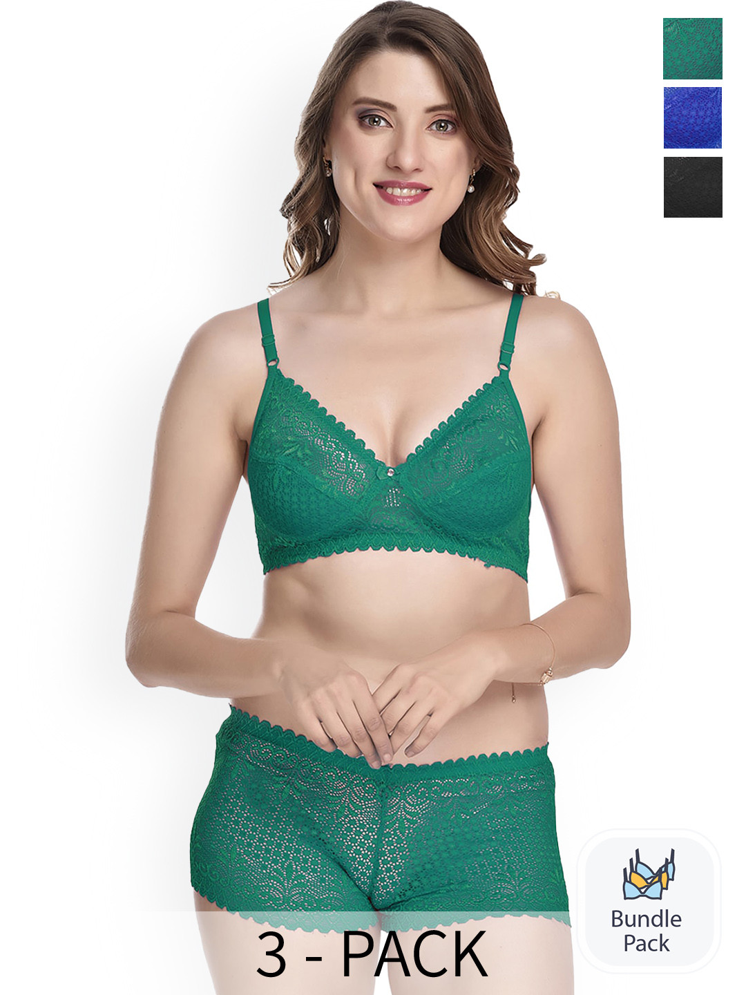 Aamarsh Pack Of 3 Laced Lingerie Set A_T-Rain Set_Green,Black,Blue_30