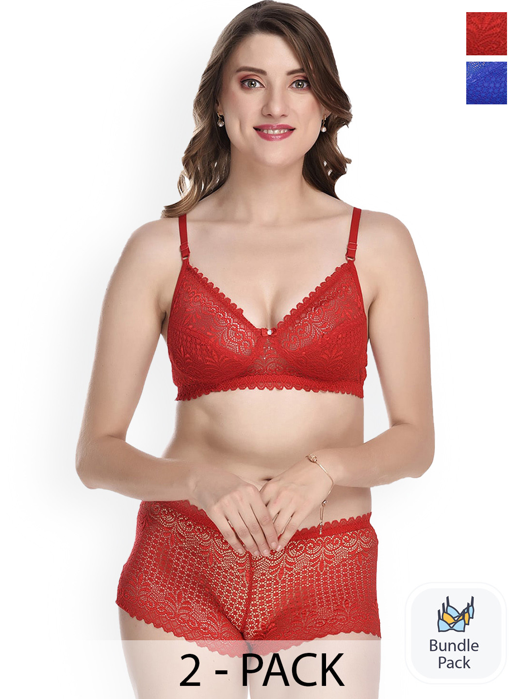 Aamarsh Pack Of 2 Floral Laced Lingerie Set A_T-Rain Set_Red,Blue_30