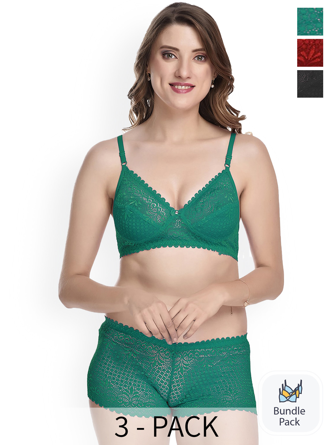Aamarsh Pack Of 3 Laced Lingerie Set A_T-Rain Set_Green,Black,Maroon_30
