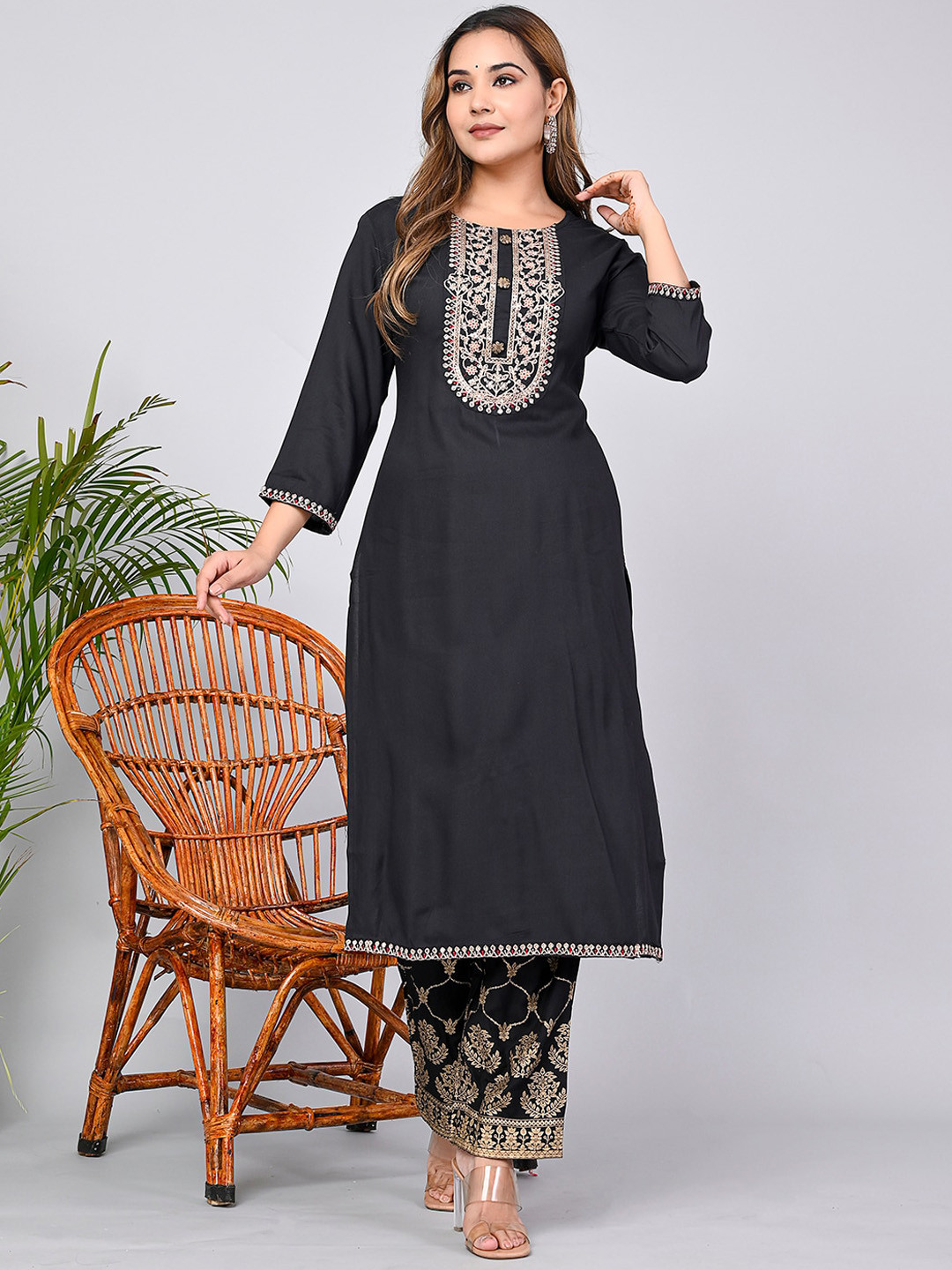 KPF Floral Yoke Design Regular Kurta With Trousers