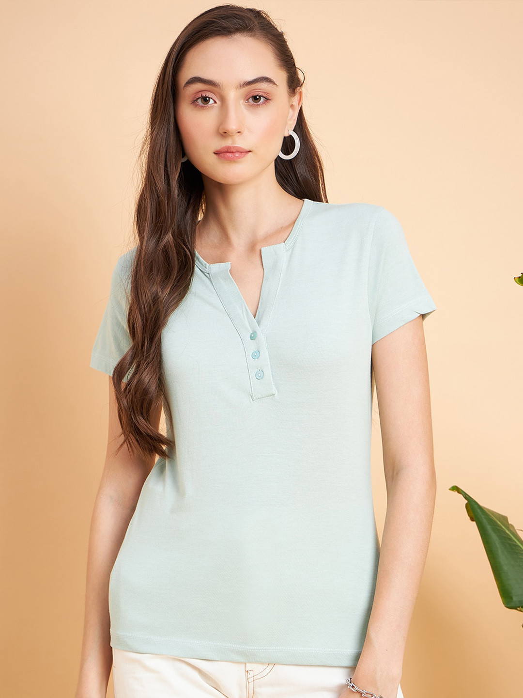 MINT STREET Women Sea Green Pockets T-shirt