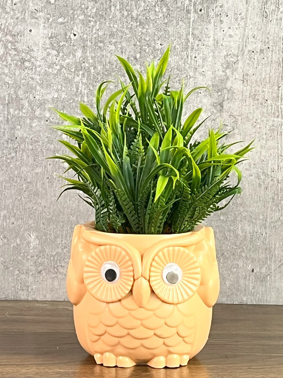 Akaar Green Artificial Fern Plant in Orange Owl Pot
