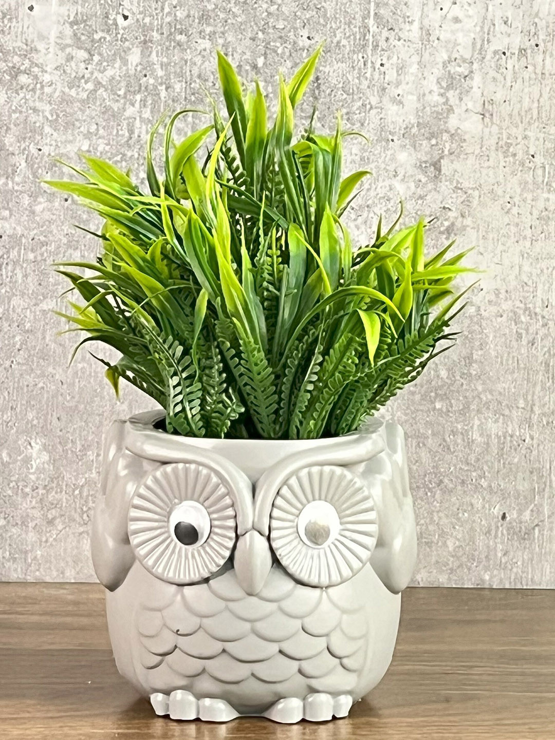 Akaar Green & Grey Artificial Fern Plant in Owl Pot
