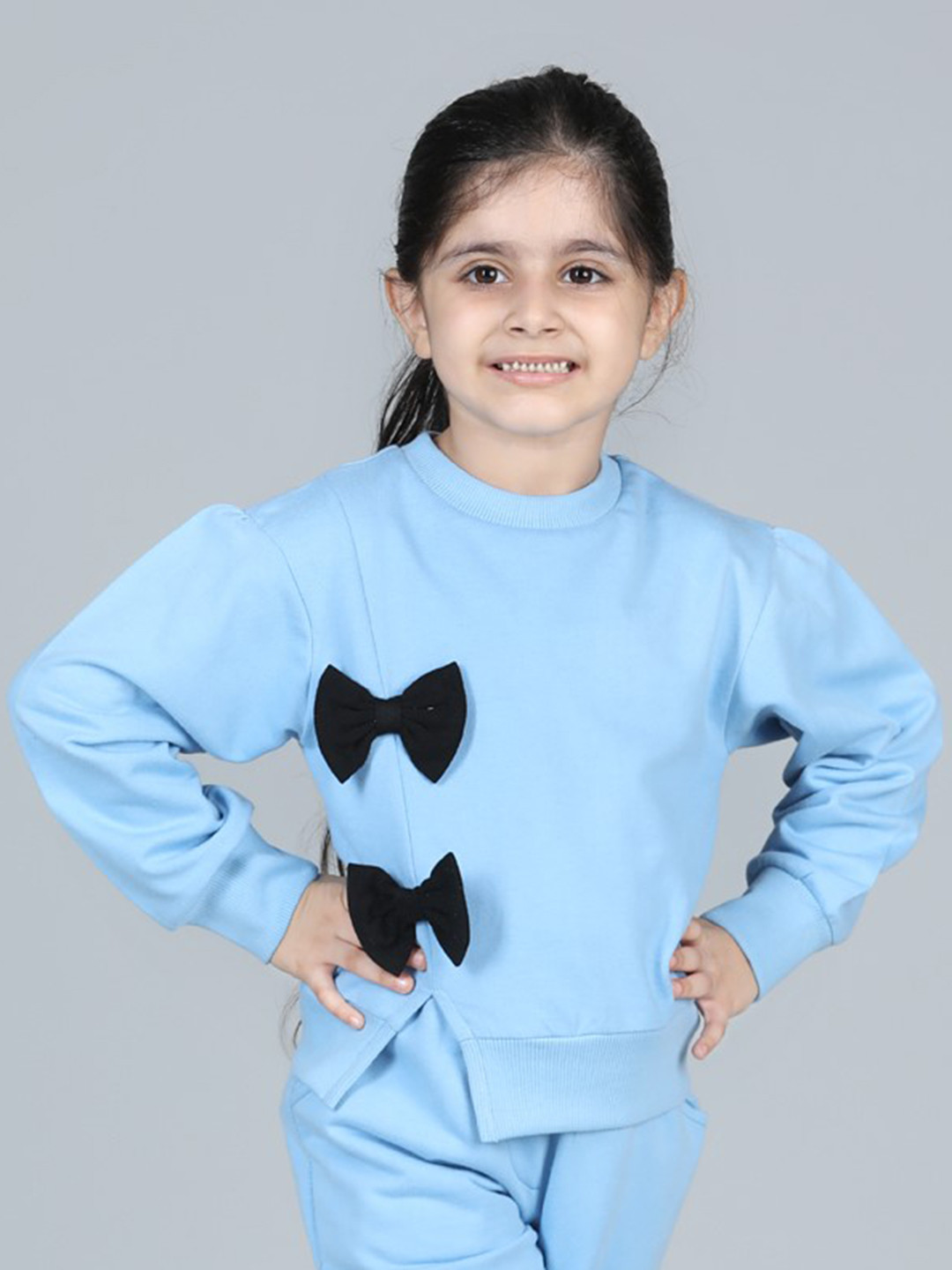 AWW HUNNIE Girls Round Neck Puff Sleeves Pullover Cotton Sweatshirt