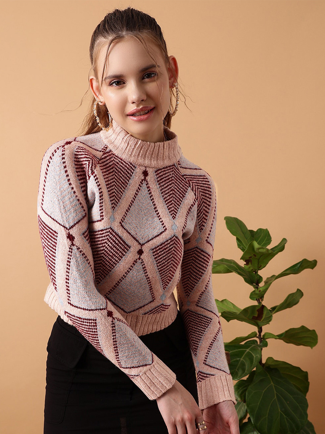 STREET 9 Geometric Printed Turtle Neck Crop Acrylic Pullover Sweater