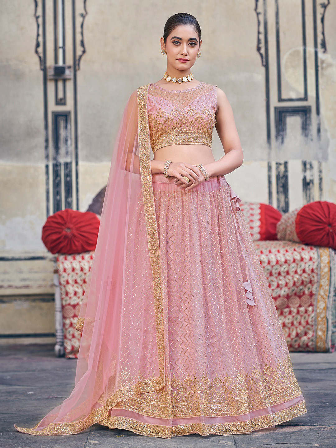 SHOPGARB Embroidered Beads & Stones Semi-Stitched Lehenga & Unstitched Blouse With Dupatta