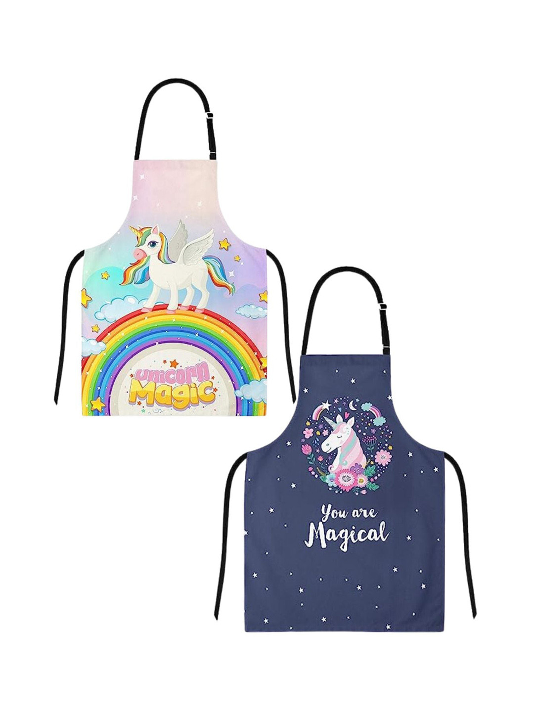 THEYAYACAFE Kids 2 Pcs Blue & Pink Unicorn Printed Cotton Canvas Aprons