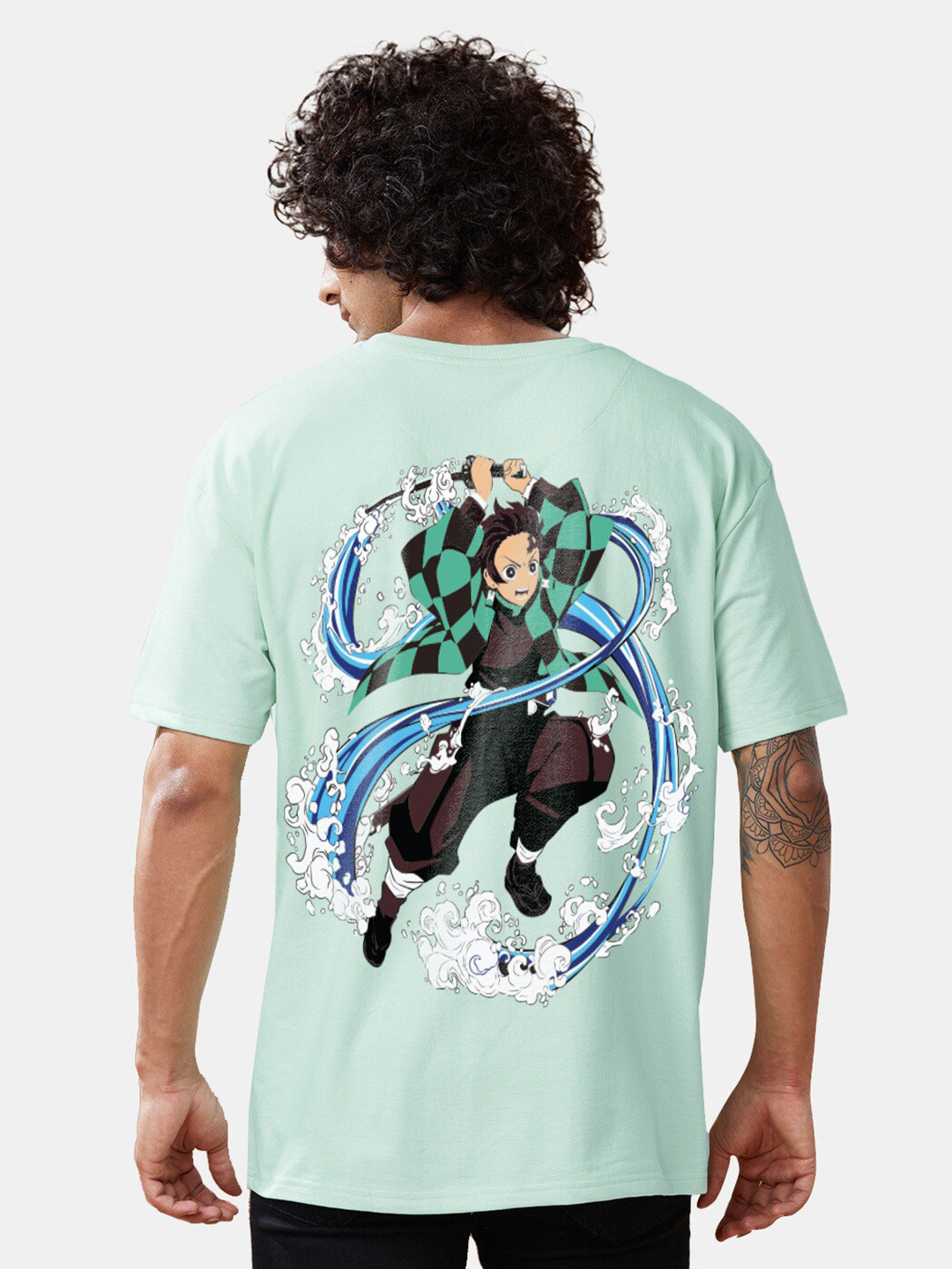 Crazymonk Tanjiro Kamado Anime Printed Drop-Shoulder Sleeves Cotton Oversized T-shirt