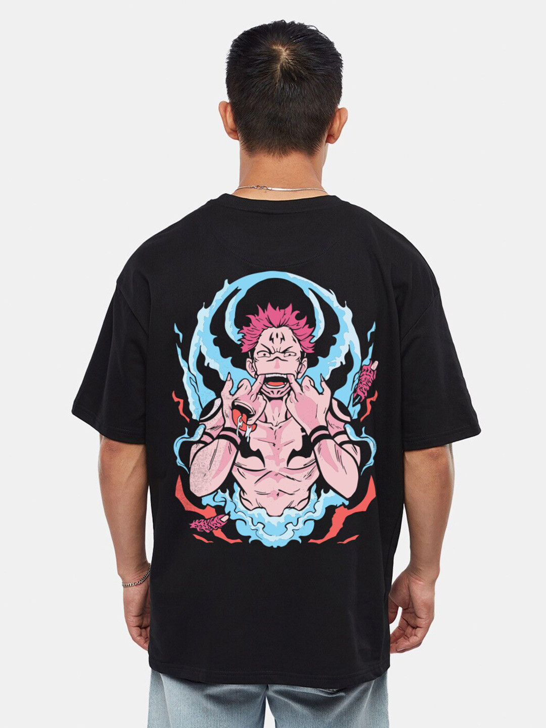 Crazymonk Roymen Sukuna Anime Printed Drop-Shoulder Sleeves Cotton Oversized T-shirt