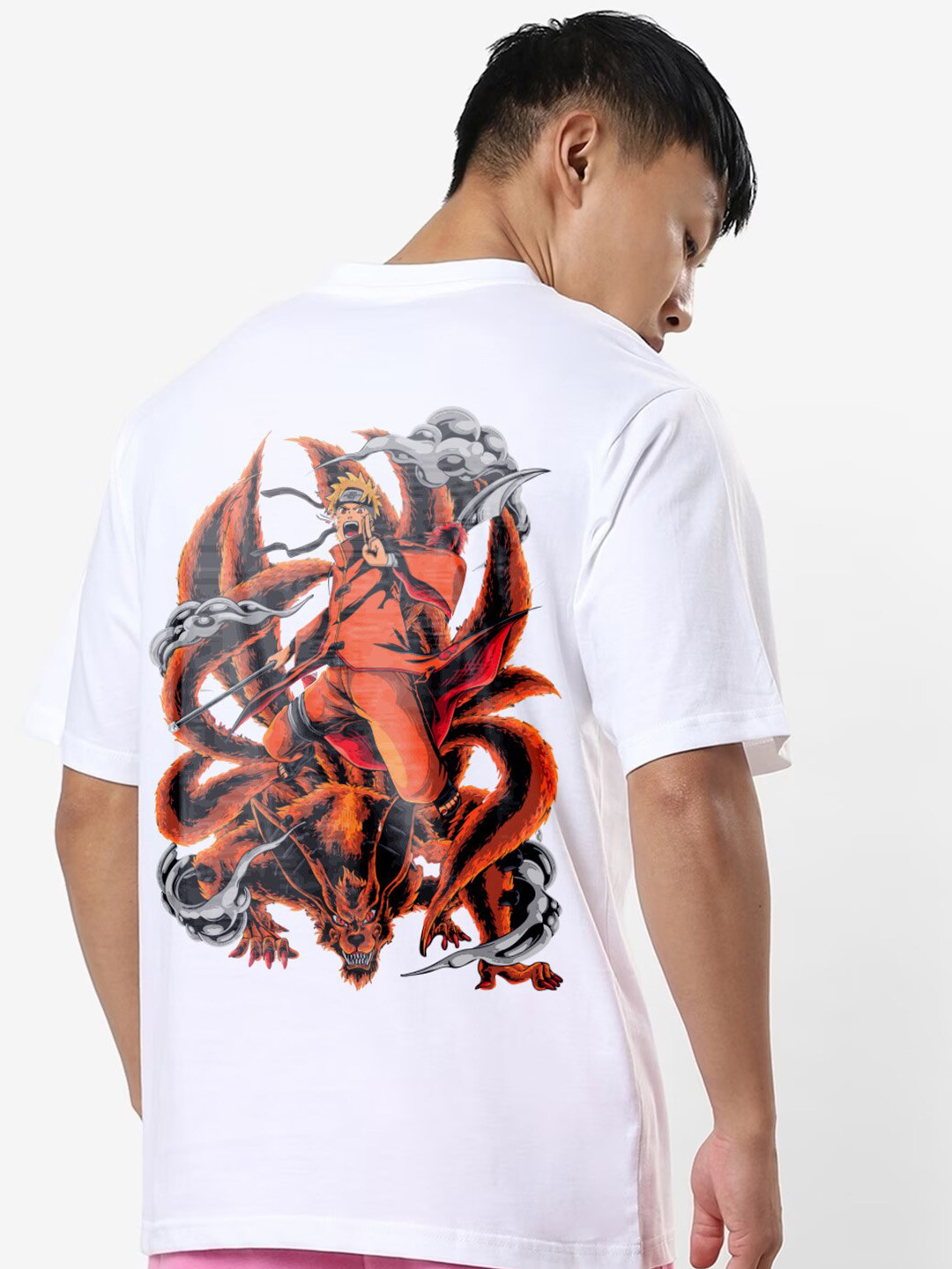 Crazymonk Naruto Ninetails Anime Printed Cotton Oversized T-shirt
